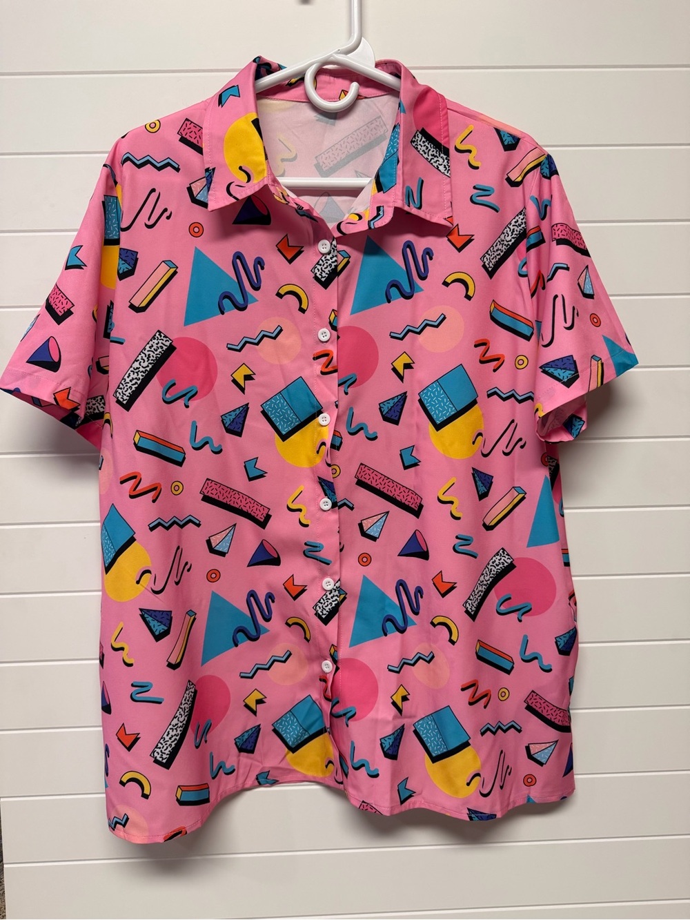 Men's 80βs 90βs Pink Retro Geometric Short-Sleeve Button-Down Shirt XXL